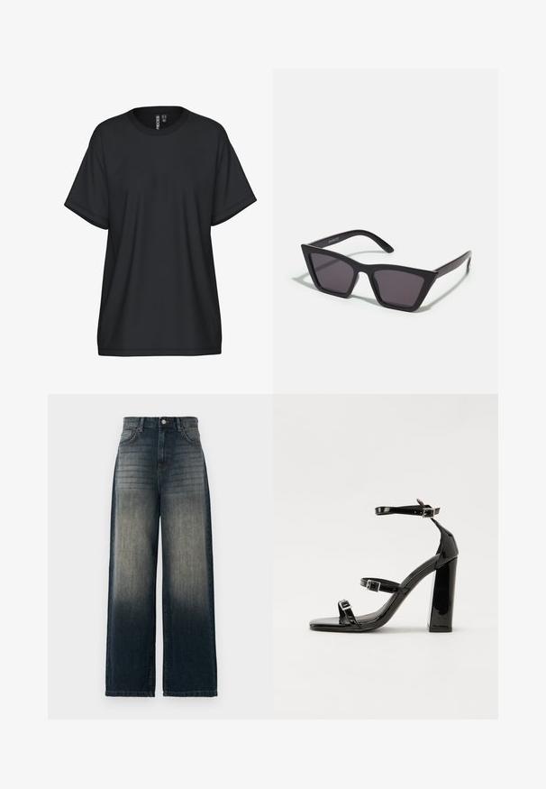 Juoda trumpomis rankovėmis marškinėliai su apvalia iškirpte, pagaminti iš minkštos medžiagos. Turi laisvesnį kirpimą ir minimalias siuvimo detales.; Plati kojinės džinsai tamsiai mėlynos spalvos, su išblukusiu gradientu nuo tamsios iki šviesios, turintys penkis kišenes ir kontrastingas siuvimo detales.; Juoda blizgi lakuota basutė su kvadratiniu pirštu, kulkšnies dirželiais ir sidabro sagtimis. Yra tvirta blokinė kulno konstrukcija, užtikrinanti stabilumą.; Juodos, kampuotos saulės akinios su pilkais stiklais; pagaminti iš plastiko, su storomis šakėmis, turinčiomis lygų paviršių ir be matomų detalių.; Juodas odinis tote krepšys su lygia tekstūra, stačiakampio formos ir dviem ilgais rankenomis. Matomų metalinių detalių ar puošybos nėra.