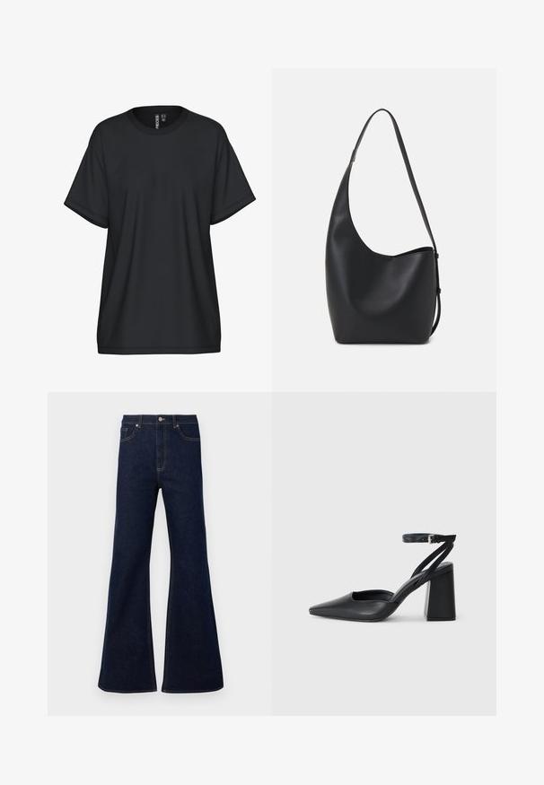 Musta lyhythihainen t-paita pyöreällä pääntiellä, valmistettu pehmeästä kankaasta. Mukana rento istuvuus ja minimaaliset ompeleiden yksityiskohdat.; Tummansininen levenevä farkkuhousut, joissa on korkea vyötärö, etutaskut ja kultaiset ommellekoristeet. Suora tekstuuri ja perinteinen leikkaus.; Mustat nahkakengät, joissa on kapea kärki, nilkkaremmi ja paksu korko. Tasainen pinta, tyylikäs muotoilu ja minimalistinen estetiikka.; Musta nahkainen hobo-laukku, jossa on sileä pinta, kaareva muoto ja yksi säädettävä olkahihna; sisäänkäynti on leveä ylhäältä.