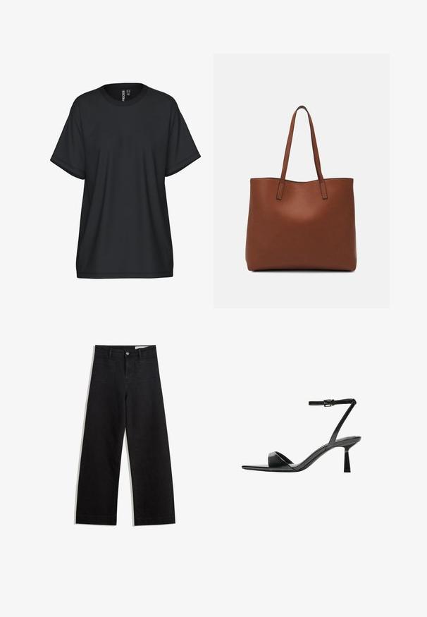 Tricou negru cu mânecă scurtă și decolteu rotund, confecționat dintr-un material moale. Are o croială lejeră și detalii minime de cusături.; Pantaloni din denim negri cu picioare largi, cu talie înaltă, având buzunare frontale și posterioare, cusături dublate și închidere cu nasture. Textură netedă.; Bershka Sandale cu toc - black; Geantă de umăr din piele maro cu o textură netedă, design cu vârf deschis și două curele pentru umăr. Prezintă cusături minime și fără componente metalice vizibile.