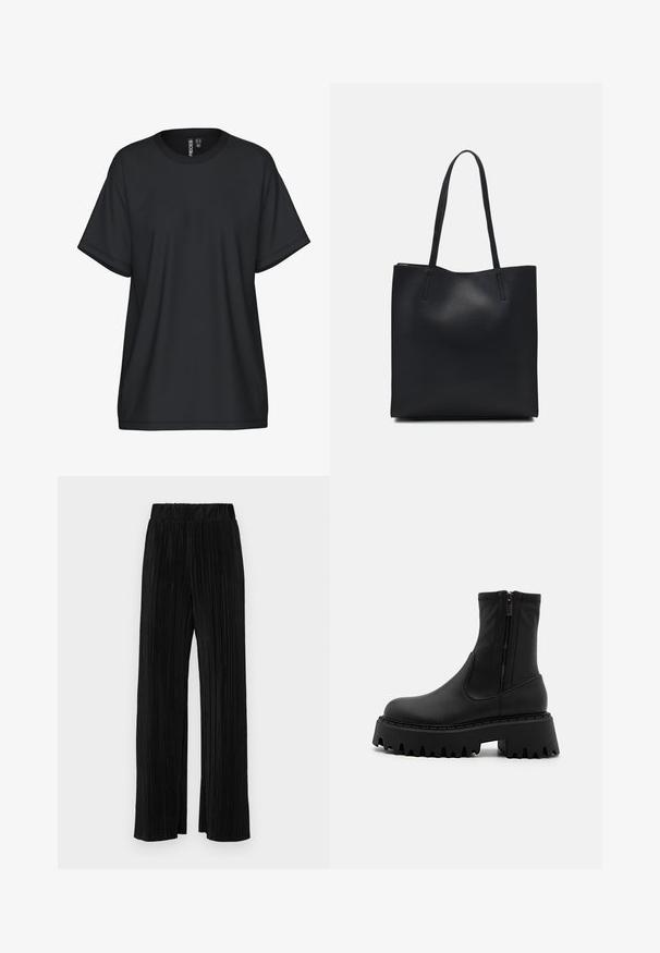 Svart t-shirt med korta ärmar och rund halsringning, tillverkad av ett mjukt tyg. Har en avslappnad passform och minimala sömnadsdetaljer.; Svarta plisserade byxor med resårmidja. Har vida ben och ett mjukt, texturerat material med vertikala ränder.; Svarta ankelskor i matt syntetmaterial, med sidodragkedja, kraftig plattformssula med tänder och förstärkta sömmar.; Svart lädertoffelväska med slät textur, rektangulär form och två långa handtag. Ingen synlig hårdvara eller dekorationer.