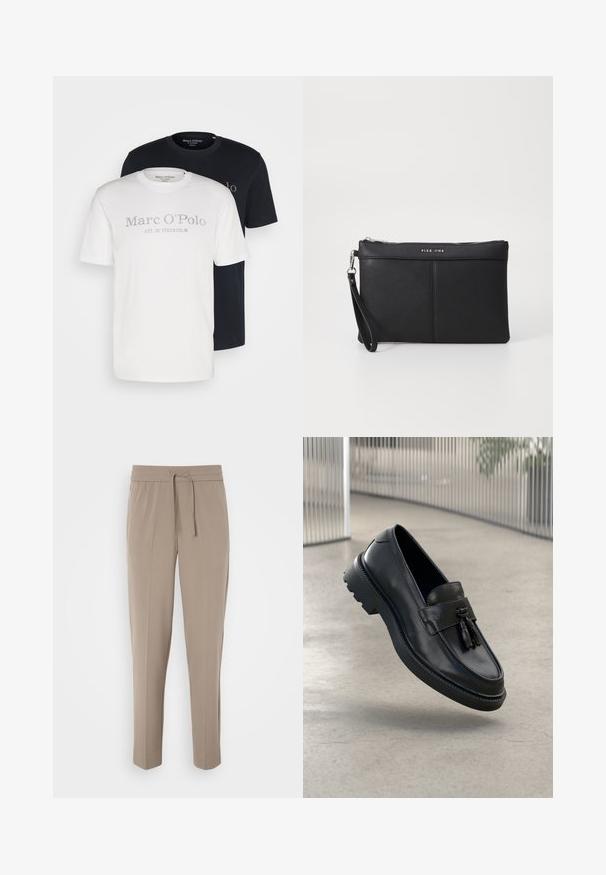 Kaksi puuvillapaitaa: yksi valkoinen harmaalla logolla, toinen musta vastaavalla logolla. Molemmissa on pyöreä pääntie ja lyhyet hihat.; Harmaat vaaleat housut, joissa on joustava vyötärö, säädettävä nyöri ja kapeat lahkeet. Kangas näyttää sileältä ja siinä on hienoinen kiilto.; Mustat nahkaiset loafersit, joissa on sileä pinta, koristeellinen hapsu, paksu kumipohja ja ommellut yksityiskohdat. Kevyt ja virtaviivainen muotoilu.; Mustat synteettiset hihnataskut, joissa on vetoketjukiinnitys, ranneunos ja sileä pinta. Sisältää hienovaraisia ompeleita ja kohokuvioidun logon etupuolella.