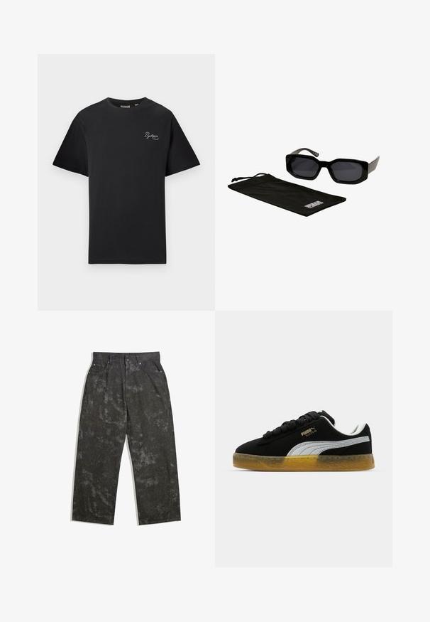 Čierne tričko s krátkym rukávom a malým bielym písaným textom "Dystopia Sounds." na ľavej hrudi, s okrúhlym golierom, vystavené na jednoduchom svetlom pozadí.; Tmavošedé denimové nohavice s voľným strihom, zdobené jemnými melírovanými vzormi a kovovými akcentmi. Dizajn s piatimi vreckami.; Čierne semišové tenisky s bielym bočným pruhom a zlatým logom. Majú gumenú podrážku s textúrovaným vzorom. Šnúrky sú čierne a ploché.; Čierne slnečné okuliare s uhlovými, prehnanými rámami a tmavými sklami, doplnené čiernym mikrovláknovým puzdrom s logom.