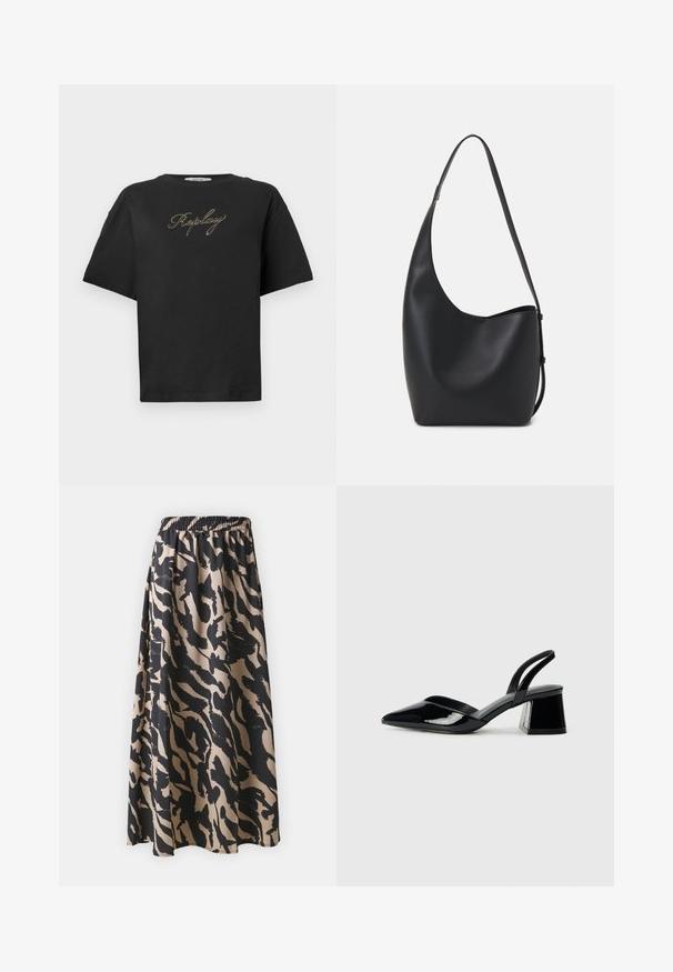 Svart T-skjorte med kort erme og gyllen skrifttype "Replay" logo sentrert på brystet, vist på en enkel hvit bakgrunn.; Svart og beige lang skjørt med elastisk midjebånd, med et abstrakt dyremønster og en flytende silhuett.; Svarte patentlær slingback hæler med spiss tå og geometrisk blokk hæl. Har et stilrent, minimalistisk design og jevn tekstur.; Svart lær hobo-veske med glatt tekstur, buet form og enkelt justerbart stropp; har en bred åpning på toppen.
