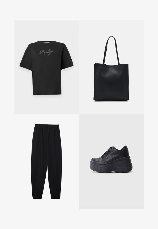 Sort kortærmet T-shirt med guld kursiv "Replay" logo centreret på brystet, præsenteret på en helt hvid baggrund.; Sort, lette bukser med elastisk talje og sammenfoldede ankler. Stoffet er glat og har et afslappet, indsnævret design.; Sorte snørebåndssneakers med en kraftig sål, der har en glat læderoverdel, rund tå og et markant lagdelt plade-design.; Sort læder tote taske med glat tekstur, rektangulær form og to lange hanke. Ingen synlig hardware eller udsmykninger.