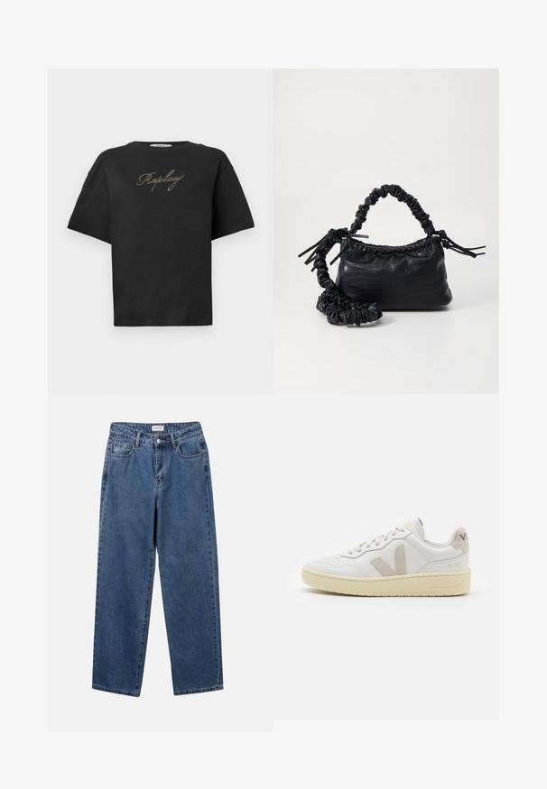 Black short-sleeve T-shirt with gold cursive "Replay" logo centered on the chest, displayed on a plain white background.; Classic blue denim jeans with a straight-leg design, five pockets, and a button closure. Features a medium wash and sturdy texture.; White leather sneaker with beige suede accents, perforated toe box, flat laces, and a textured cream sole. Features subtle branding on heel.; Black faux leather handbag with a crocodile texture, cinched top, and a scrunched strap. Appears soft and compact in design.