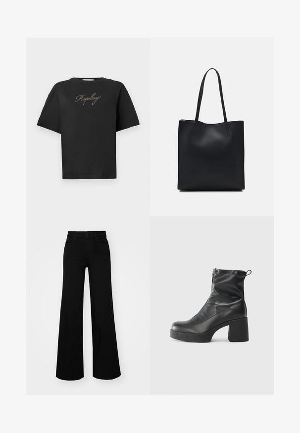 T-shirt preta de manga curta com o logótipo em itálico dourado "Replay" centrado no peito, apresentado sobre um fundo branco simples.; Calças largas pretas em denim, com uma cintura estruturada, passantes para cinto e bolsos frontais. Textura suave com um design clássico.; Botas de tornozelo pretas feitas de couro liso, com fecho lateral, salto grosso texturizado e design de bico arredondado.; Bolsa tote preta em couro com textura lisa, forma retangular e duas alças longas. Sem hardware ou enfeites visíveis.