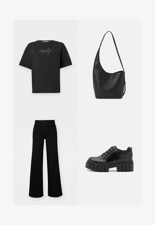 Black short-sleeve T-shirt with gold cursive "Replay" logo centered on the chest, displayed on a plain white background.; Black wide-leg pants made of denim, featuring a structured waistband, belt loops, and front pockets. Smooth texture with a classic design.; Black leather platform shoes with a chunky block heel, round toe, and traditional lace-up design. Features smooth texture and minimal detailing.; Black leather hobo bag with a smooth texture, curved shape, and single adjustable strap; features a wide opening at the top.
