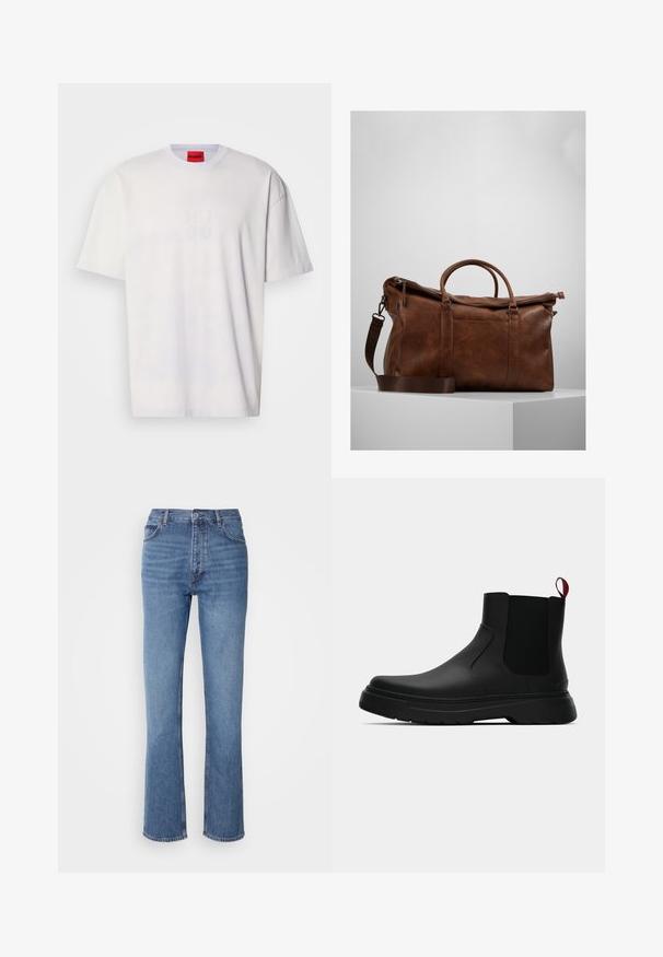 Biela bavlnená tričko s crew výstrihom, spadnutými ramenami a embosovaným logom "HUGO" na prednej strane. Hladká textura, uvoľnený strih.; Modré denimové džínsy s vysokým pásom, rovnými nohavicami a jemným vyblednutím. Majú klasický strih s piatimi vreckami a zapínanie na zips.; Čierne členkové topánky s hladkým povrchom, elastickými bočnými panelmi a kontrastným červeným poutkom, vybavené hrubou gumovou podrážkou a zaoblenou špičkou.; Hnedá kožená cestovná taška so zipsovým uzáverom, dvojitými uchami, nastaviteľným ramenným popruhom a viditeľnými textúrami na povrchu.