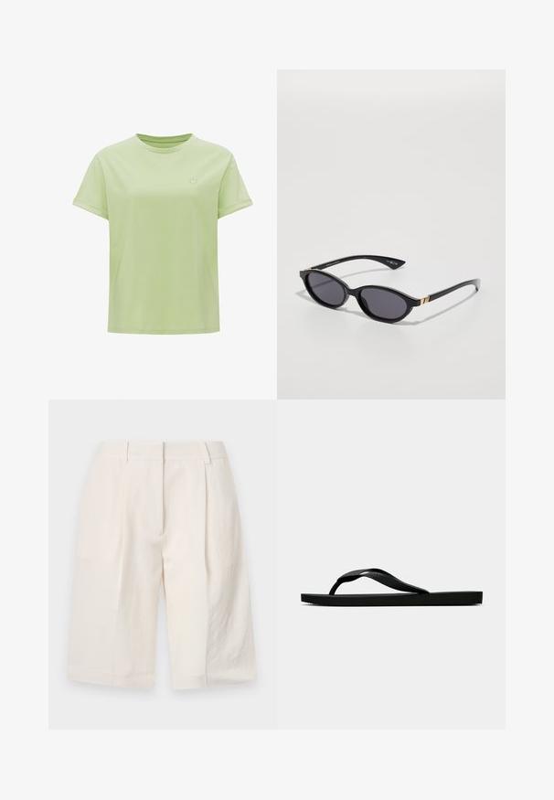 OPUS SERZ HEART DETAIL - T-shirt basic - avocado; Pantaloni corti bianchi in lino con un design sartoriale, davanti plissettato e aperture ampie sulla gamba. Tessuto morbido e lunghezza a metà coscia.; Infradito in gomma nera con cinturino testurizzato e suola piatta semplice, mostrati di lato su uno sfondo chiaro e uniforme.; Occhiali da sole neri con lenti ovali, tinta sfumata scura e braccetti sottili con sottili dettagli dorati. Finitura in plastica liscia.; Felpa grigia oversize con tasca a marsupio, abbinata a una gonna svasata blu navy. Accessorio: grande zaino giallo chiaro, di texture liscia.