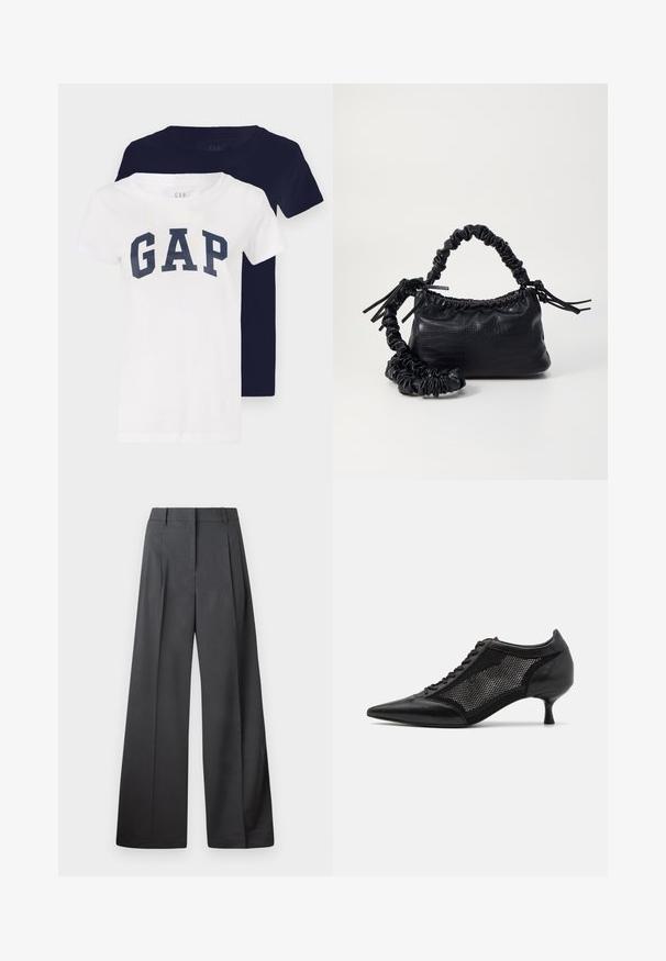 Dvoje tričiek, jedno biele s námorníckym logom "GAP", druhé úplne námornícke. Obe majú krátke rukávy a klasický kruhový výstrih.; Nohavice s širokými nohavicami z tmavošedej látky, s vysokým pásom, jedinými záhybmi a hladkou textúrou s čistým zakončením na lemoch.; Čierna topánka s ostrou špičkou a sieťovaným panelom, s nízkym opätkom a šnurovaním vpredu. Vyrobená z kombinácie kože a sieťoviny.; Čierna umelá kožená kabelka s kroko vzorom, sťahovaným vrchom a zhnutým popruhom. Vyzerá mäkko a kompaktné v dizajne.