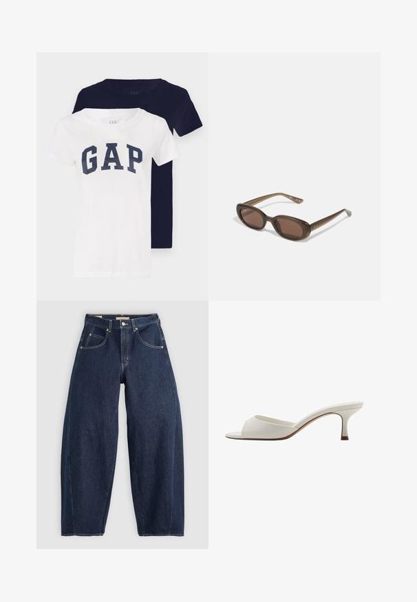 Two t-shirts, one white with a navy "GAP" logo, the other solid navy. Both have short sleeves and a crew neck design.; Dark blue denim jeans with a loose fit, light stitching, five pockets, and a button closure at the waistband.; White open-toed high-heeled mules with a smooth finish, minimalist design, and a slender heel, featuring a subtle brown accent on the sole.; Brown oval sunglasses with dark lenses. Frame has a transparent brown material and features a logo printed on the temples.
