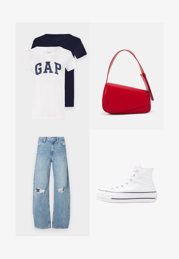 Two t-shirts, one white with a navy "GAP" logo, the other solid navy. Both have short sleeves and a crew neck design.; Light blue, high-waisted jeans made of denim. Feature wide legs, two torn knee areas, and classic five-pocket styling.; White high-top canvas sneaker with black rubber sole, front rubber toe cap, and six eyelets for laces, featuring a clean, minimalist design.; Red leather handbag with an angular, geometric design. Features a single adjustable strap and a flap closure with stitched detailing.