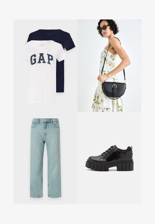 Două tricouri, unul alb cu un logo "GAP" navy, celălalt complet navy. Ambele au mâneci scurte și un design cu gât rotund.; Jeans largi de culoare albastru deschis, fabricate din denim, prezentând un design clasic cu cinci buzunare, linii curate și o talie regulată cu închidere prin buton.; Pantofi cu talpă plată din piele neagră, cu toc gros, vârf rotund și design tradițional cu șireturi. Prezintă o textură netedă și detalii minime.; Geantă din piele neagră, cu o formă curbată, curea detașabilă și accesorii aurii. Geanta are un capac cu un detaliu tip cataramă.