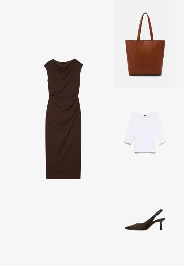 White three-quarter sleeve shirt made of cotton blend fabric; features a wide boat neckline and a smooth, lightweight texture.; Brown knee-length dress made of smooth fabric, featuring a draped neckline, cap sleeves, and gathered detailing on one side.; Brown suede slingback pump with a pointed toe, sleek design, thin heel, and a buckle accent on the ankle strap.; Brown leather tote bag with a smooth texture, vertical seam detailing, and two flat handles. Open top design, spacious interior.