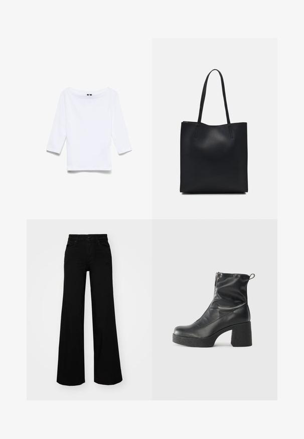 Bijela košulja s tri četvrtine rukava izrađena od mješavine pamuka; ima široki izrez na vratu i glatku, laganu teksturu.; Crne široke traperice s čvrstim pojasom, petljama za remen i prednjim džepovima. Gladak teksturirani materijal s klasičnim dizajnom.; Crne gležnjače od glatke kože, s bočnim zatvaračem, debelim teksturiranim potplatom i dizajnom s zaobljenim prstima.; Crna kožna torba za nošenje s glatkom teksturom, pravokutnim oblikom i dvije duge ručke. Nema vidljivih metalnih dijelova ili ukrasa.