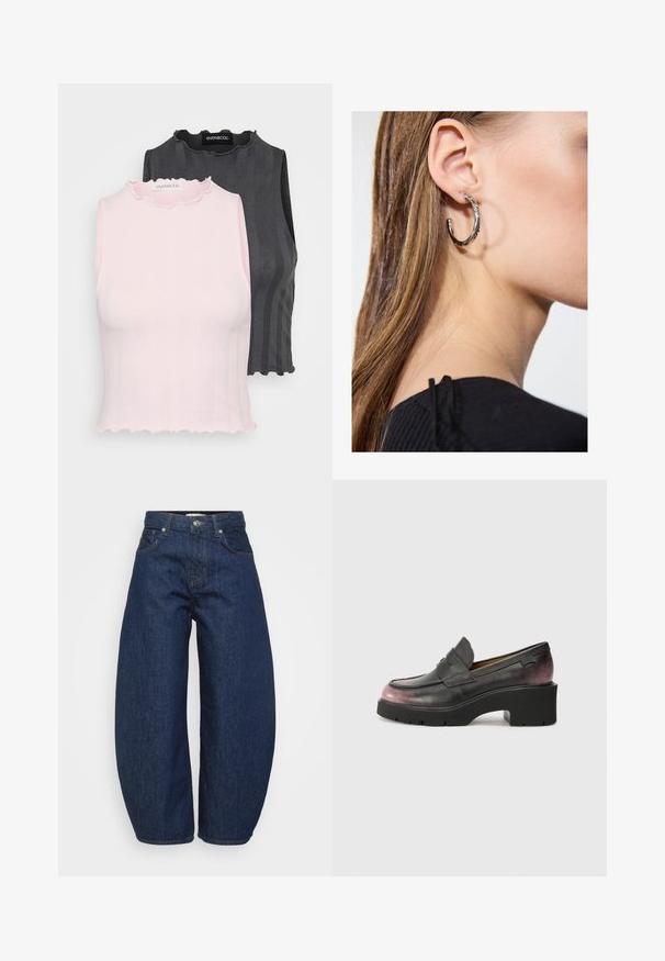 Kaksi hihattomata t-paitaa, yksi vaaleanpunainen ja yksi tummanharmaa, joissa on ribattu pinta ja laskostetut kaula-aukokset; molemmat suunniteltu istumaan tiukasti.; Tummansiniset korkeavyötäröiset farkut, joissa on leveät lahkeet, edessä nappi- ja vetoketjukiinnitys sekä klassinen viiden_taskun malli.; Musta nahkainen loaferi pyöreällä varpaalla, korostusnauha ja mustasta tummanpunaiseen värisävyyden gradientti kantapäässä. Varusteena on paksu pohja.; Hopea renkaankorvakoru kiiltävällä pinnalla, jossa on pieniä kultaisia yksityiskohtia ja pyöreä muoto, käytetty korvalla.