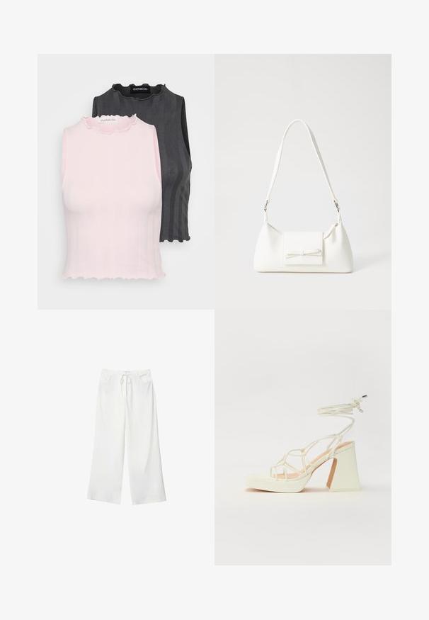 Dwie bezrękawniki, jedna różowa, a druga ciemnoszara, z prążkowaną teksturą i falbanami przy dekolcie; obie zaprojektowane w dopasowanym kroju.; Białe spodnie szerokie z miękkiego materiału, z elastycznym pasem i dwoma przednimi kieszeniami. Gładka tekstura i brak widocznych wzorów.; Biała sandał na wysokim obcasie z masywnym słupkiem, z paskowym wzorem i wiązaniem przy kostce. Gładka faktura z platformą z przodu dla dodatkowej wysokości.; Biała syntetyczna torba o trójkątnym kształcie, płaskim przednim klapce i detalach w postaci kokardy, regulowanym pasku, gładkiej fakturze oraz minimalistycznym designie.