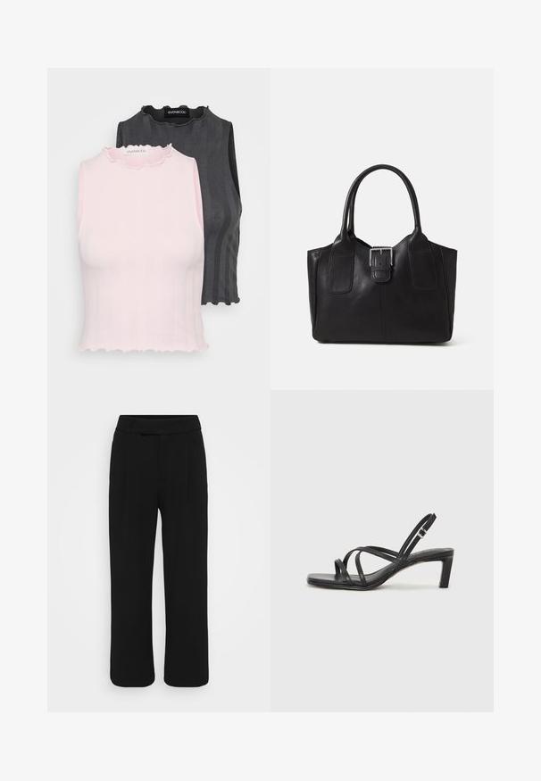 Du šviesiaplaukiai topai be rankovių, vienas rožinis, o kitas tamsiai pilkas, su raštuotu tekstūru ir raukšlėtais apykaklėmis; abu skirti prigludusiam siluetu.; Juodos plačios kelnės, pagamintos iš sklandžios medžiagos, turinčios lygią priekinę dalį, diržo kilpas ir nematomus kišenių. Švarus, pritaikytas dizainas.; Juodi šlepetės su kvadratiniu pirštu ir žemu bloku kulnu. Yra keli ploni dirželiai ir reguliuojamas kulkšnies diržas. Pagaminti iš lygios odos.; Juodas odinis nešiojamas krepšys su lygiu paviršiumi, struktūrine forma, dviem rankenėlėmis ir ryškiu sidabriniu sagties akcentu priekyje.