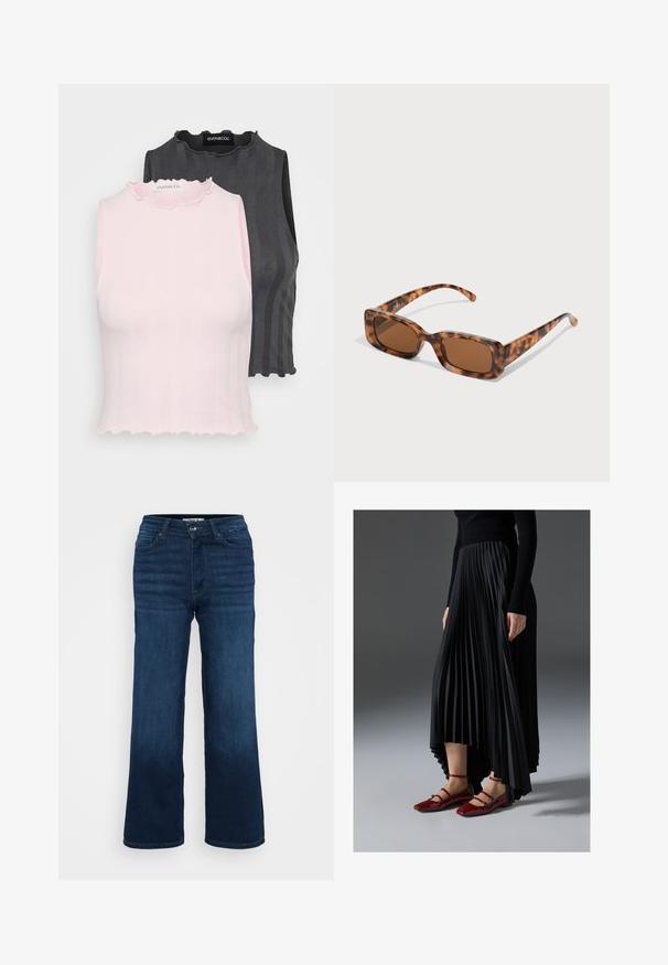 Two sleeveless tops, one pink and one dark gray, feature ribbed texture and ruffled necklines; both designed for a fitted silhouette.; ONLY Petite ONLMADISON BLUSH WIDE - Wide Leg - dark blue denim; Black pleated skirt with a high-low hem, paired with glossy red flats featuring a strap design. The fabric has a smooth texture.; Tortoiseshell sunglasses with rectangular brown lenses, a thick frame, and slim arms featuring a pattern of varying shades of brown.; Silver hoop earrings featuring a bow design, with a smooth finish and a polished texture. Compact, minimalist style suitable for various occasions.