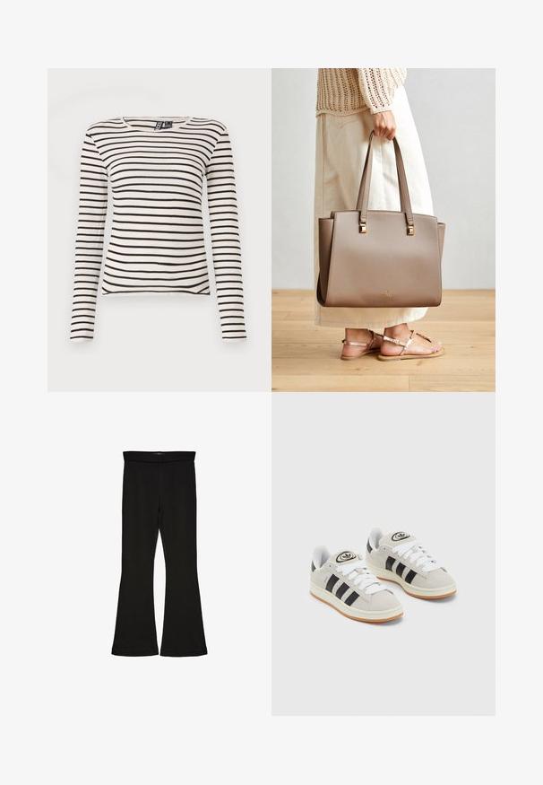 Striped long-sleeve top in cream and black. Features a ribbed texture and a crew neckline. Straight hem with slight side slits.; Black flare leggings made from stretchy fabric. Features a wide waistband and a smooth texture, with a fitted silhouette that flares at the hem.; Gray suede sneakers with white laces, black stripes, and a white rubber sole. Features a circular logo on the tongue and a gum sole.; Brown synthetic tote bag with two long handles, square metallic accents, and a subtle logo. Worn with a light cream skirt and sandals.