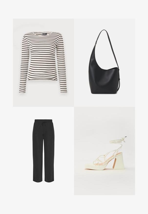 Csíkos, hosszú ujjú felső krém és fekete színben. Bordázott anyagú, kerek nyakú. Egyenes szegély, enyhe oldalhasítékokkal.; Fekete, könnyű edzőnadrág rugalmas derékkal és állítható zsinórral. Egyenes láb kialakítás, sima textúrával és minták nélkül.; Fehér, magassarkú szandál vastag sarokkal, pántos dizájnnal és bokapánttal. Sima textúra, elülső platformmal a megnövelt magasság érdekében.; Fekete bőr hobo táska sima textúrával, ívelt formával és egyetlen állítható pánttal; széles nyílás található a tetején.