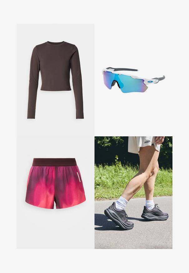 Nike Performance ONE CAPSULE - Pitkähihainen paita - baroque brown/black; Vaaleanpunaiset ja purppurat sävyt yhdistävät urheilushortsit, joissa on elastinen vyötärönauha, sileä pinta ja sivussa oleva etiketti. Shortsien leikkaus on rento.; Mustat urheilukengät, joissa on teksturoitu kangas, paksut pehmustetut pohjat ja nauhat, yhdistetty valkoisiin sukkiin ja vaaleanbeigeen vaatetukseen.; Aurinkolasit valkoisella muodolla, harmailla yksityiskohdilla ja sinisillä peilipinnoilla. Urheilullinen muotoilu, ympäröivä malli ja säädettävät nenätyynyt.