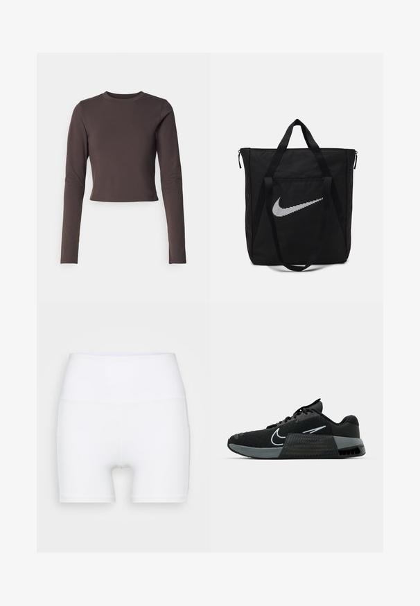 Nike Performance ONE CAPSULE - Langærmet T-shirt - baroque brown/black; Hvide højtaljede shorts lavet af strækstof. Har en glat tekstur og en tætsiddende design, uden yderligere mønstre eller hardware.; Sort atletisk sko med mesh-overdel, grå accenter og struktureret mellemsål. Har et fremtrædende logo og snørebåndsdesign. Gummisål for godt greb.; Sort nylon tote taske med to solide håndtag og lynlås lukning. Har et fremtrædende hvidt Nike swoosh-logo i et horisontalt stribet design.