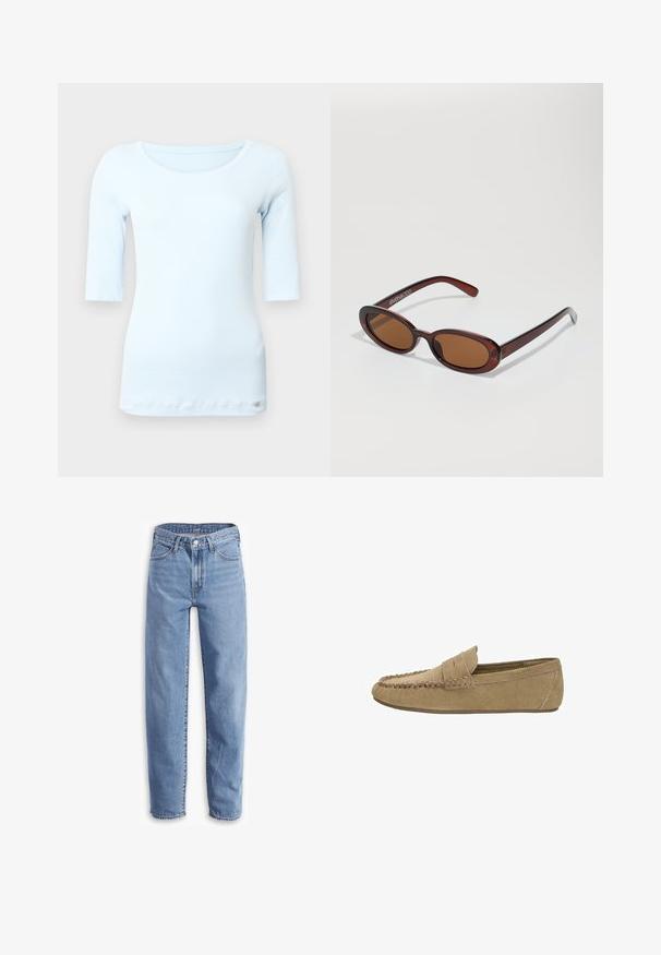 Hellblaues, figurbetontes Langarmshirt mit Rundhalsausschnitt und weicher, glatter Textur. Verfügt über ein kleines Logo am Saum.; Helle blaue Jeans aus Denim, mit entspannter Passform, geradem Bein, Fünf-Taschen-Design und ausgefransten Säumen für einen lässigen Look.; Hellbraune Wildleder-Herrenlober mit genähter Mokassin-Spitze und Penny-Riemen, flache Gummisohle, seitliches Profil auf weißem Hintergrund.; Runde, braun getönte Sonnenbrillen mit einem glänzenden burgunderfarbenen Rahmen. Schlanke Bügel mit dezentem Branding. Flaches Linsendesign.; Braune Wildleder-Hobo-Tasche mit einer lässigen Form, ausgestattet mit einem geschwungenen Oberhandgriff und dreieckigen Paneeldetails auf der Vorder- und Rückseite.