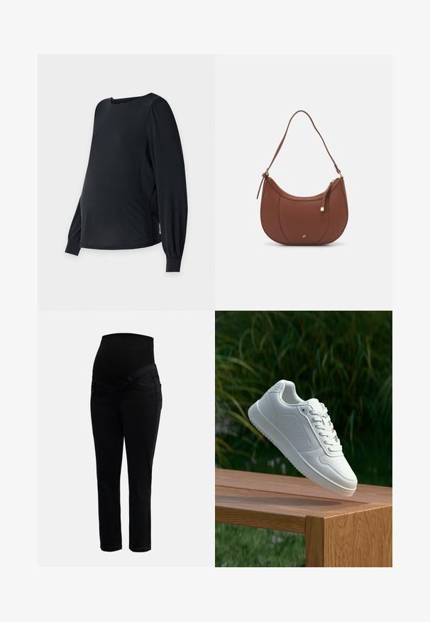 Black maternity top with long, puffed sleeves, a round neckline, and a loose fit. Made from a smooth, stretchy fabric for comfort.; Black maternity jeans with stretchy high waistband and slim-fit legs, designed for comfort and support during pregnancy.; White sneaker with a smooth synthetic upper, perforated toe box, flat laces, and a textured sole, displayed on a wooden surface.; Brown faux leather shoulder bag with curved shape, minimal stitching, and a gold-tone hardware accent. Features a top zipper closure and adjustable strap.