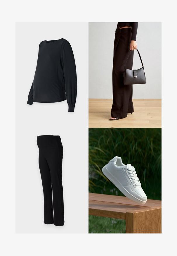 Svart mammaskjorte med lange, puffede ermer, rund hals og løs passform. Laget av et glatt, elastisk stoff for komfort.; ONLY MATERNITY OLMHALLE - Bukse - black; Hvite sneakers med en glatt syntetisk overdel, perforert tåboks, flate snørebånd og en teksturert såle, vist på en treflate.; Svart håndveske med strukturert form, jevn tekstur og metallisk lås. Kombinert med brede svarte bukser og sandaler med åpen tå på tregulv.