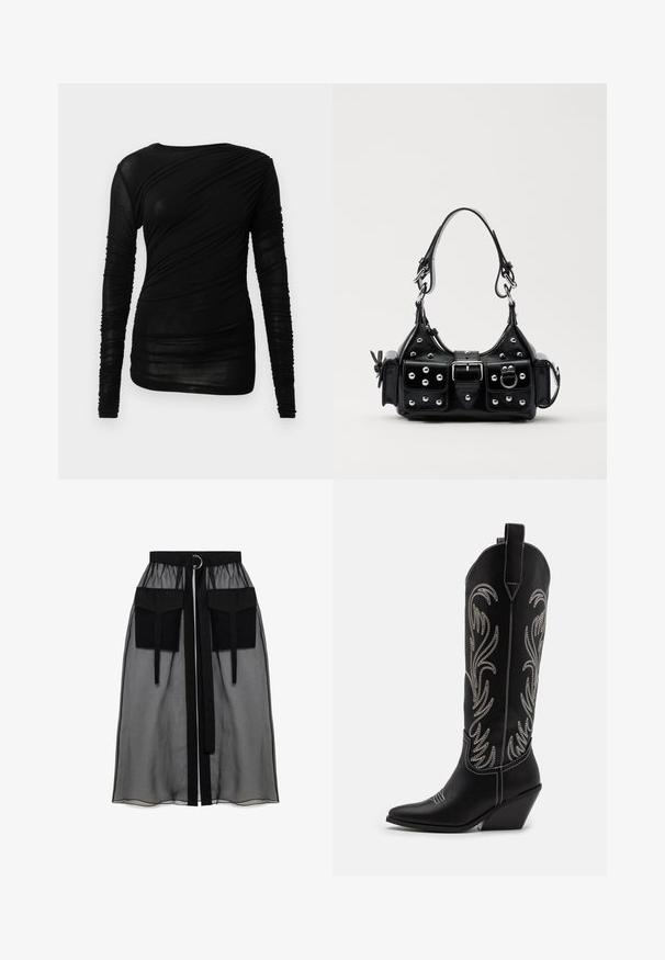 Zwart shirt met lange mouwen, voorzien van een aansluitend ontwerp met geplooide textuur en een ronde halslijn, gemaakt van een lichtgewicht, doorschijnende stof.; Zwarte doorschijnende rok met een verzameld tailleband, voorzien van twee grote voorzakken, een tailleband met strik en een ronde metalen accent.; Zwarte leren cowboylaarzen met spitse neuzen, wiggenhakken en zilver geborduurde bloemmotieven langs de schacht. Contrasterende stiksels overal.; Zwarte lederen handtas met een gebogen ontwerp, voorzien van zilveren studs, een gesp en twee zijvakken. Verstelbare schouderband voor verschillende draagmogelijkheden.