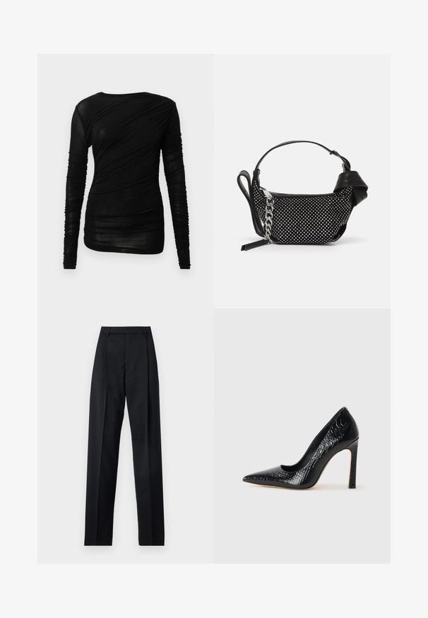 Černé tričko s dlouhým rukávem má přiléhavý střih s nařasenou texturou a kulatý výstřih, vyrobené z lehké průsvitné látky.; Černé kalhoty vyrobené z hladké tkaniny, vybavené vysokým pasem, širokými nohavicemi, předními záhyby a klasickými poutky na opasek. Nejsou viditelné boční kapsy.; Černý lodičkový bot s špičatou špičkou, pokrytý texturou krokodýlí kůže, s elegantním designem, vysokým stiletto podpatkem a hladkým černým interiérem.; Černá kabelka s cvočky, řetízkem a hladkým koženým držadlem, kulatého tvaru a se zipovou kapsou.