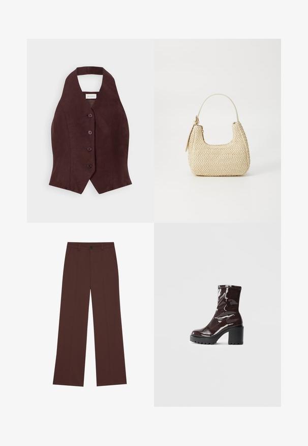 Bordeaux linnen vest met een hoge halslijn, vijf ronde knopen in het midden en een getailleerde vorm die smaller wordt bij de taille.; Wijde broekspijp in een rijke bruine stof. Voorzien van een knoopsluiting, twee voorzakken, een soepele textuur en strakke lijnen.; Glanzende bordeauxrode enkelboot met een chunky zwarte hak, met een gladde textuur en een eenvoudig ontwerp. Geen zichtbare sluitingen of patronen.; Geweven straw handtas in beige met een gebogen vorm, een kort handvat en een zijrits. Beschikt over een gestructureerd oppervlak en een minimalistisch ontwerp.