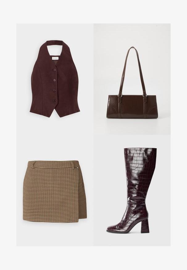 Gilet in lino bordeaux con un collo alto, cinque bottoni circolari al centro e una forma aderente che si restringe in vita.; Mini gonna a motivo houndstooth marrone e beige con un leggero dettaglio avvolgente e passanti per cintura su uno sfondo bianco.; Stivale al ginocchio bordeaux scuro con texture coccodrillo e tacco a blocco su uno sfondo bianco, mostrato di lato.; Borsa in pelle verniciata marrone di forma rettangolare, con due manici lunghi e sottili accenti curvi sul davanti.; Orecchini in metallo dorato con forma triangolare liscia e arrotondata e design con chiusura a perno; superficie riflettente con minimalismo nei dettagli.