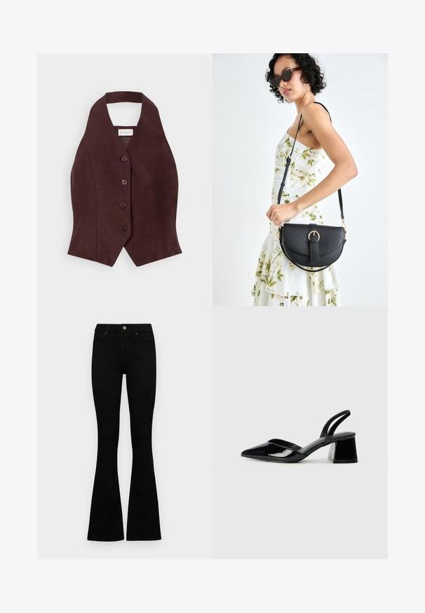 Burgundská ľanová vesta s vysokým golierom, piatimi okrúhlymi gombíkmi na strede a priliehavým strihom, ktorý sa zužuje v páse.; Čierne vysoké nohavice s gombíkom a zipsom, predné vrecká a rozšírené nohavice položené na bielom pozadí.; Čierne lakované kožené sandálové podpätky s špicatou špičkou a geometrickým blokovým podpätkom. Disponujú elegantným, minimalistickým dizajnom a hladkým povrchom.; Čierna kožená kabelka s zaobleným tvarom, odnímateľným popruhom a zlatými doplnkami. Kabelka má klopu s detailom s prackou.