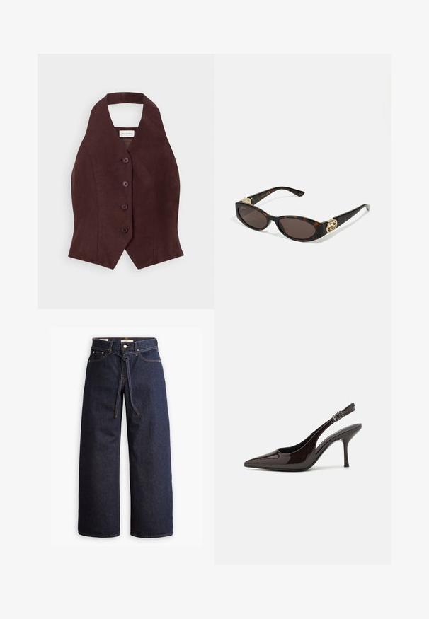 Bordeaux linnedragt med høj krave, fem runde knapper i midten og en tætsiddende form, der snævrer ind ved taljen.; Bredde ben mørkeblå denim jeans med høj talje, der har snoretræk, fem lommer og kontrastsyet detaljer.; Slingback højhælet sko i glat mørkebrun patenteret læder, spids tå, åbne sider og justerbar ankelrem.; Skildpaddemønster solbriller med aflange ovale linser, brun farve, guldlogo accenter på stængerne og slanke sorte arme.; Bordeaux skuldertaske med en buet silhuet og en kort rem, med en guld lynlås og et diskret Calvin Klein logo på forsiden.