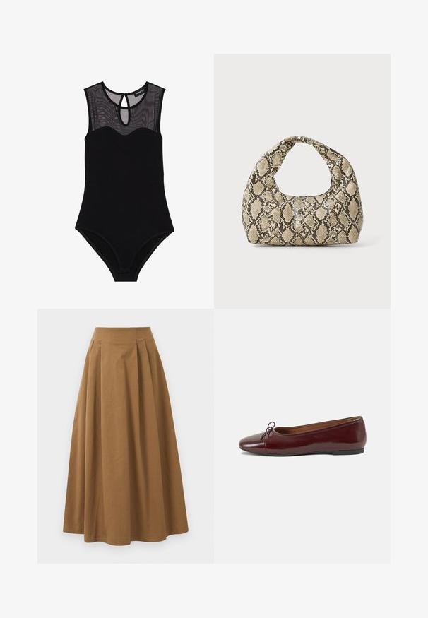 Melna bodysuit ar acs auduma yoku, bez piedurknēm, ar apaļu dekoltē un atslēgas caurumu aizmugurē. Iezīmējas ar gludu, stiepjamu audumu un minimālu detaļu skaitu.; Brūna kokvilnas A formas svārki ar augstu jostasvietu, kurai priekšā ir krokas un gluda tekstūra. Apakšmala ir tīra un vienkārša.; Burgundijas laku ādas baleta kurpes ar noapaļotu purngalu, nelielu loku akcentu priekšā un zemu melnu gumijas zoli. Gluda tekstūra.; Čūsku raksta soma ar izliekto rokturi. Izgatavota no teksturētiem, bēšiem un brūniem materiāliem, ar izteiksmīgu dimanta rakstu.