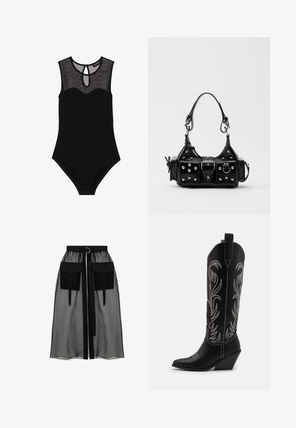 Black bodysuit with a mesh yoke, sleeveless design, scoop neckline, and keyhole back. Features smooth, stretchy fabric and minimal detailing.; Black sheer skirt with a gathered waistband, featuring two large front pockets, a waist tie, and a circular metal accent.; Black leather cowboy boots with pointed toes, wedge heels, and silver embroidered floral patterns along the shaft. Contrast stitching throughout.; Black leather handbag with a curved design, featuring silver studs, a buckle, and two side pockets. Adjustable strap for carrying options.