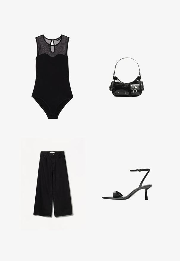 Body nero con yoke in rete, design senza maniche, scollatura a girocollo e schiena con apertura a chiave. Presenta un tessuto liscio e elastico con dettagli minimi.; Bershka WIDE-LEG - Wide Leg - black; Bershka Sandali con tacco - black; Borsa a spalla in vernice nera con forma curvata, una tracolla, tasche frontali e dettagli in metallo argentato.