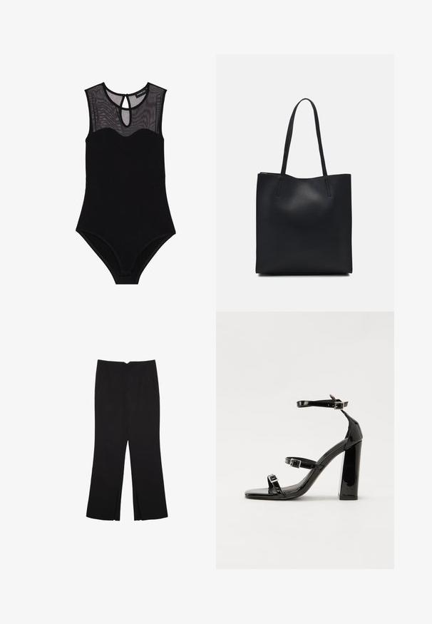 Body nero con yoke in rete, design senza maniche, scollatura a girocollo e schiena con apertura a chiave. Presenta un tessuto liscio e elastico con dettagli minimi.; Pantaloni neri a gamba dritta, con tasche frontali e spacchi laterali all'orlo. Realizzati in tessuto morbido e liscio. Adatti a diverse occasioni.; Sandali con tacco in vernice nera, con punta squadrata, cinturini alla caviglia e fibbie in argento. Presentano un tacco a blocco spesso per maggiore stabilità.; Borsa tote in pelle nera con texture liscia, forma rettangolare e due manici lunghi. Nessun hardware o decorazione visibile.