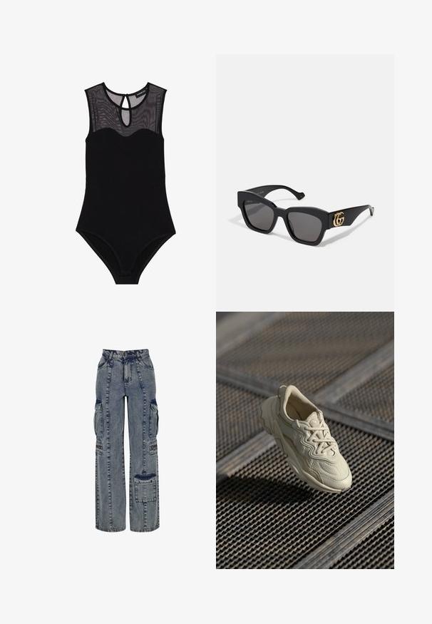 Zwarte bodysuit met een mesh yoke, mouwloos ontwerp, ronde hals en sleutelgat achterkant. Bevat een gladde, rekbare stof en minimale details.; Lichte blauwe denim cargo broeken. Kenmerken zijn wijde pijpen, meerdere zijzakken en contrasterende donkere denim accenten. Gestructureerd met zichtbare naden.; Beige sneaker met gestructureerde stof, contrasterende gladde accenten, afgeronde zool en veters, boven een gegraveerd oppervlak.; Zwarte rechthoekige zonnebril met donkere lenzen, voorzien van een gouden GG-logo aan de zijkant. Gemaakt van glanzend plastic met rechte pootjes.