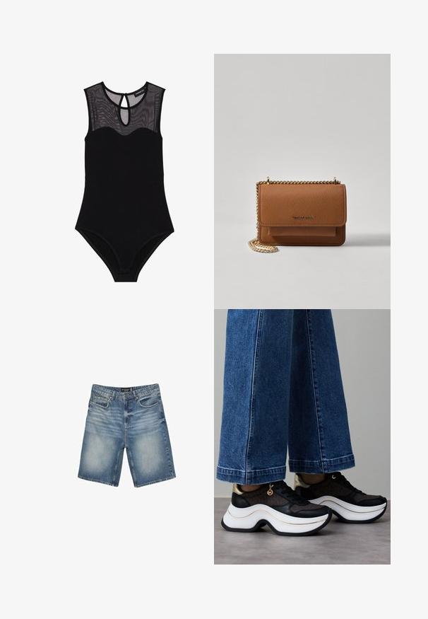 Zwarte bodysuit met een mesh yoke, mouwloos ontwerp, ronde hals en sleutelgat achterkant. Bevat een gladde, rekbare stof en minimale details.; Leren denim shorts in lichtblauw, met een tailleband met riemlussen, vijf zakken en een licht vervaagde afwerking voor een versleten uiterlijk.; Zwart-gouden sneakers met een gebogen witte zool. Gestructureerde stof met logodetails. Gecombineerd met brede blauwe spijkerbroek.; Bruine lederen schoudertas met textuur, voorzien van een gouden kettingstrap en klepsluiting. De voorkant heeft een logo-detail en een zak onder de klep.