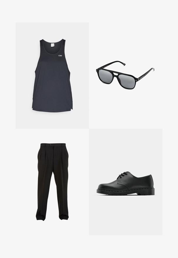 Zwarte sportieve tanktop met een meshtextuur, een ronde halslijn en een klein wit logo op de linkerbovenkant.; Zwarte broek van gladde stof, met voorplooien, een knopenband en taps toelopende enkelboorden. Klassieke taillering.; Zwarte leren oxford schoenen met vetersluiting, ronde neus, platte rubberen zool en subtiele stiksel details langs het bovenwerk.; Zwarte zonnebril met rechthoekige montuur, grijs getinte glazen en een uitgesneden ontwerp bij de neusbrug. Strak, glanzend kunststof materiaal met smalle veren.