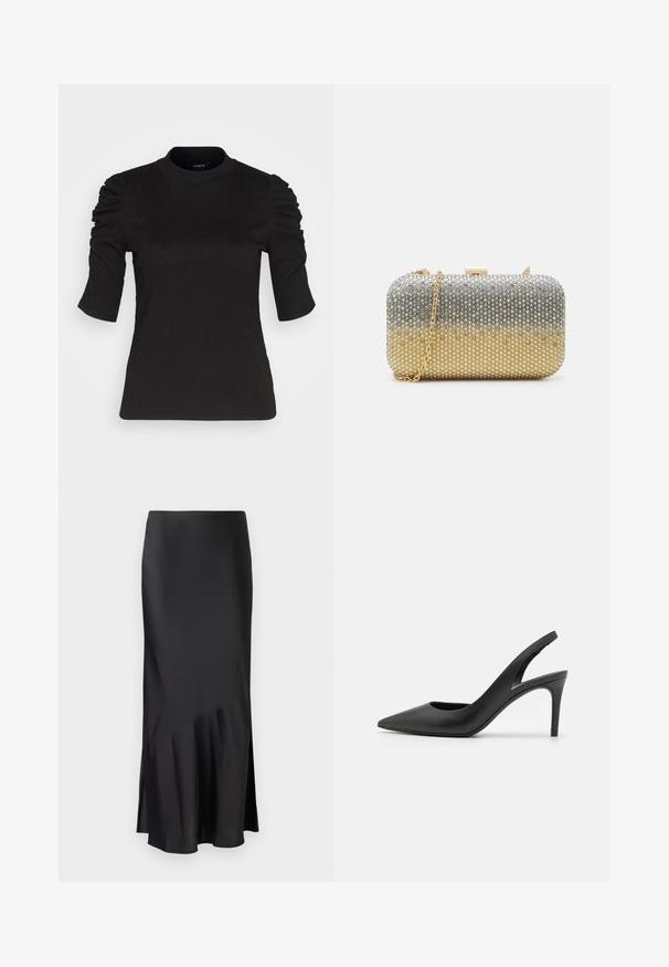 Fekete, rövid ujjú felső, válltöméses részletekkel, kerek nyakkal és sima textúrával, amely illeszkedő megjelenést biztosít.; Fekete selymes midi szoknya letisztult dizájnnal, enyhe szegéllyel és oldalsó hasítékkal a könnyű mozgásért. Simító textúra.; Fekete bőrszíjjal ellátott magassarkú cipők, hegyes orral, elöl kivágott dizájnnal és vékony stiletto sarkakkal.; Mascara Alkalmi kézitáska - gold-coloured/silver-coloured