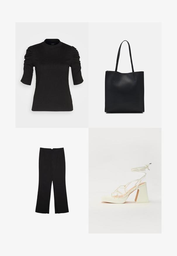 Schwarzes Kurzarmoberteil mit gerafften Details an den Schultern, rundem Halsausschnitt und glatter Textur für einen figurbetonten Look.; Schwarze Hose mit geradem Schnitt, ausgestattet mit Fronttaschen und Seitenschlitzen am Saum. Hergestellt aus weichem, glattem Stoff. Geeignet für verschiedene Anlässe.; Weiße High-Heel-Sandale mit einem klobigen Absatz, die über ein Riemchendesign und ein Knöchelband verfügt. Glatte Textur mit einer Plattform vorne für zusätzliche Höhe.; Schwarze Laptoptasche aus Leder mit glatter Textur, rechteckiger Form und zwei langen Griffen. Keine sichtbaren Beschläge oder Verzierungen.