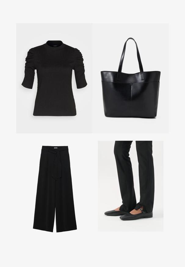 Haut noir à manches courtes avec des détails froncés sur les épaules, encolure ronde et texture lisse pour un look ajusté.; Pantalons larges noirs en tissu texturé, avec une taille élastique et une ceinture à nouer amovible à la taille pour un ajustement variable.; Ballerines en cuir noire avec un bout pointu, sangle avec boucle en argent, associées à un pantalon noir sur mesure avec un ourlet fendu.; Sac fourre-tout en cuir noir avec deux longues poignées, une texture lisse et une forme structurée. Dispose d'une poche avant pour un rangement supplémentaire.