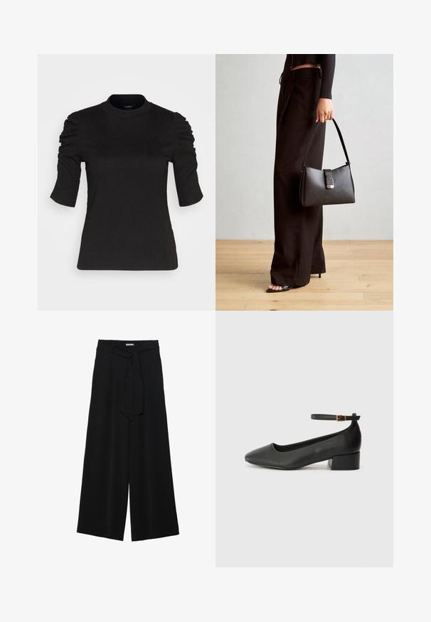 Černý top s krátkým rukávem, s nabíranými detaily na ramenou, kulatým výstřihem a hladkým materiálem pro přiléhavý vzhled.; Černé kalhoty s širokými nohavicemi, vyrobené z texturované tkaniny, s elastickým pasem a odnímatelným páskem na úpravu velikosti.; Černé kožené lodičky s špičatou špičkou a nízkým blokovým podpatkem. Obsahují pásek kolem kotníku se zlatou sponou. Hladký povrch.; Černá kabelka se strukturovaným tvarem, hladkým povrchem a kovovým uzávěrem. Kombinována s širokými černými kalhotami a sandály s otevřenou špičkou na dřevěné podlaze.