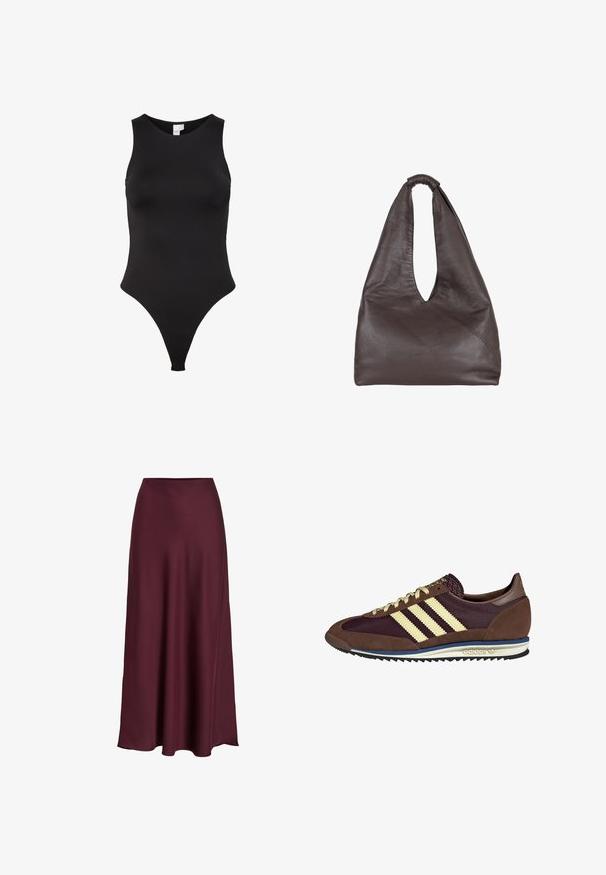 Sort ærmeløs bodysuit med høj halsudskæring, lavet af glat stof. Har en thong-cut for minimal dækning bagpå.; Bordeaux satin maxiskirt med en glat tekstur, høj talje og en flydende silhuet, der svømmer blidt ud mod nederkanten.; Brune og bordeaux sneakers lavet af ruskind og mesh-materialer, med tre cremefarvede striber, tekstureret stof på tungen, og en gummisål.; Brun lædertaske med en slaskende, overdimensioneret design. Har et løkkegreb og en dyb V-formet åbning for nem adgang. Blød tekstur, minimalistisk stil.