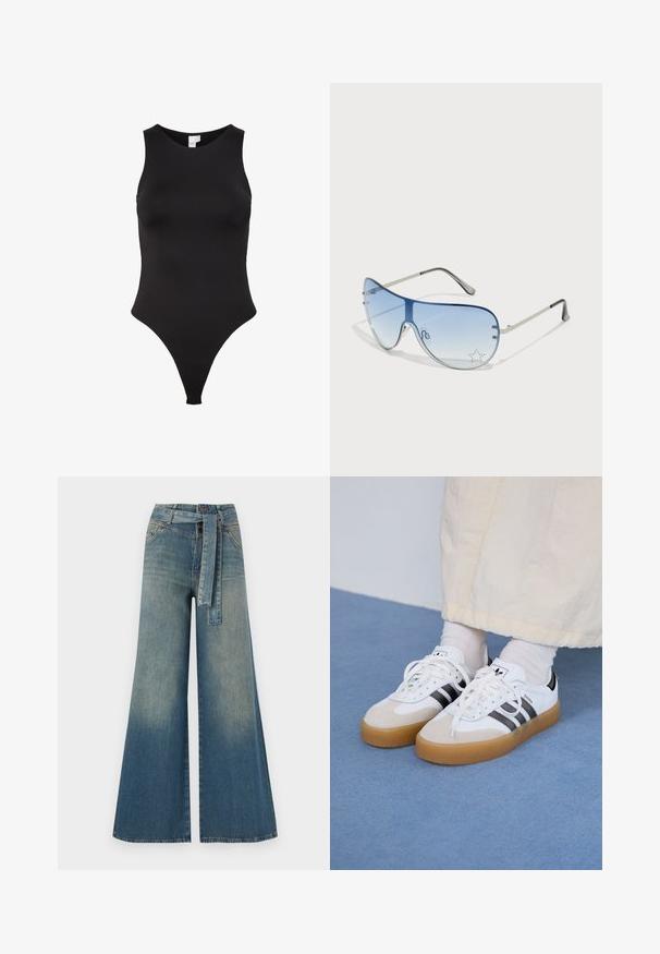 Un body sans manches noir avec un col montant, fabriqué à partir d'un tissu lisse. Présente une coupe thong pour une couverture minimale à l'arrière.; Pantalons en denim à jambe large présentant un dégradé de bleu clair à bleu foncé, taille haute, passants de ceinture et une ceinture en tissu assortie. Finition en denim texturé.; Baskets blanches avec des rayures noires et des accents en daim beige. Elles présentent une semelle en gomme texturée et des lacets plats blancs, portées avec des chaussettes claires.; Lunettes de soleil aviateur avec des verres dégradés bleus, une monture en métal argenté et des accents décoratifs en forme d'étoile sur les verres. Design lisse et élégant.