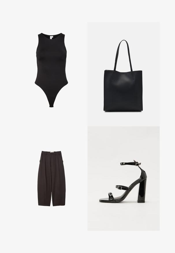 Czarny bezrękawnik z wysokim dekoltem, wykonany z gładkiego materiału. Charakteryzuje się wycięciem typu thong dla minimalnego zakrycia z tyłu.; Czarne spodnie o szerokich nogawkach wykonane z gładkiego materiału, z wysokim stanem, plisami z przodu i bocznymi kieszeniami. Prosty fason bez zdobień.; Czarne lakierowane sandały na obcasie z kwadratowym noskiem, z paskami wokół kostki i srebrnymi klamrami. Posiadają masywny słupek dla stabilności.; Czarna skórzana torba tote o gładkiej fakturze, prostokątnym kształcie i dwóch długich uchwytach. Brak widocznych elementów metalowych i ozdób.